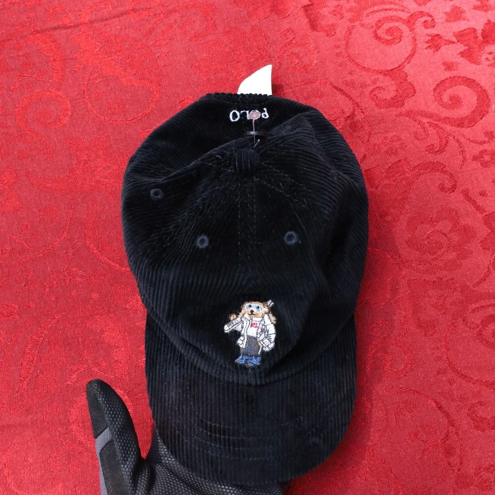 Polo Ralph Lauren Corduroy Ski Bear Hat Kids One Size Black New Embroidered Cap